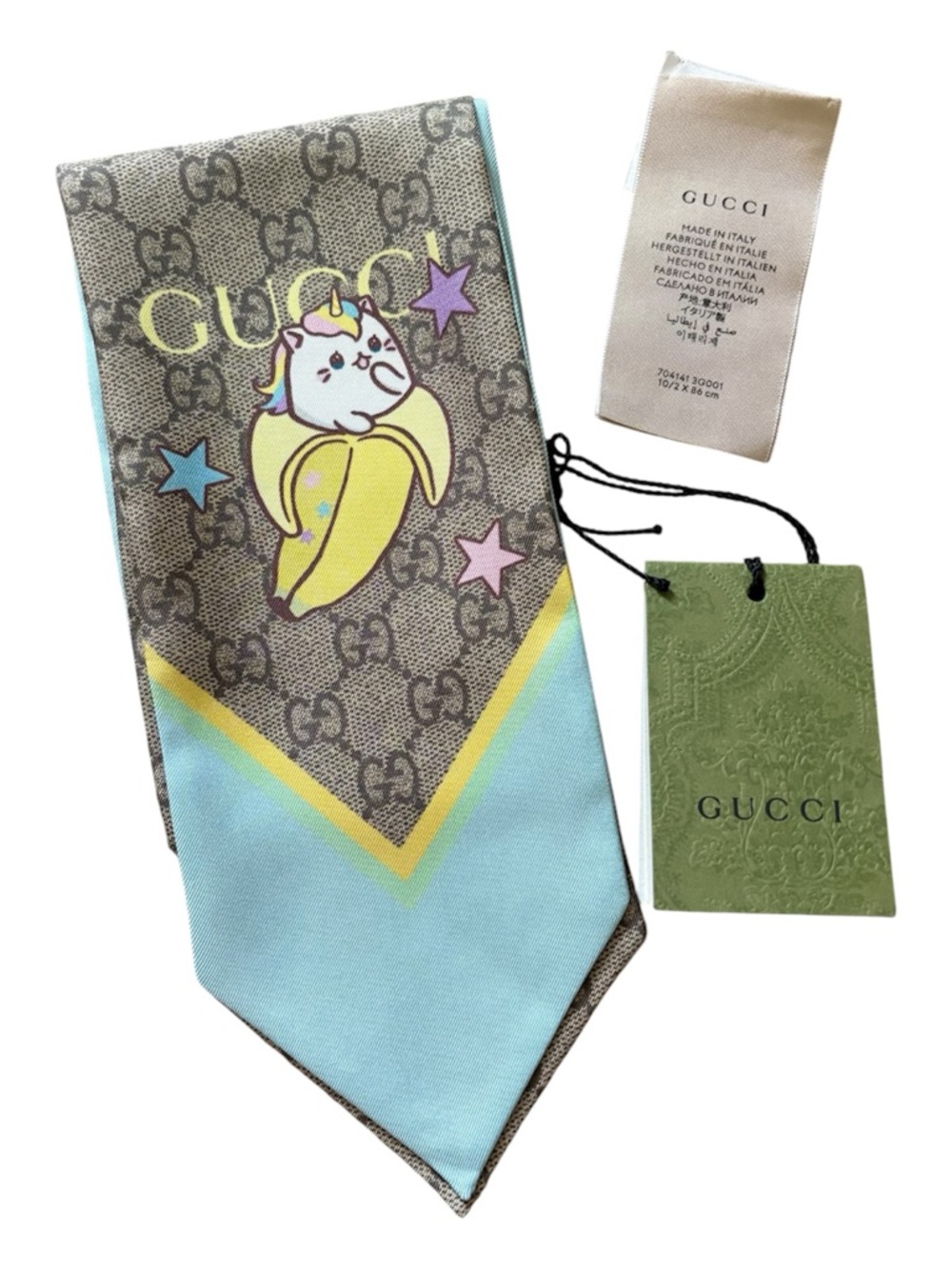 Gucci Brown & Light Blue Silk Monogram Scarf with Banana Graphic - Picture 3 of 13